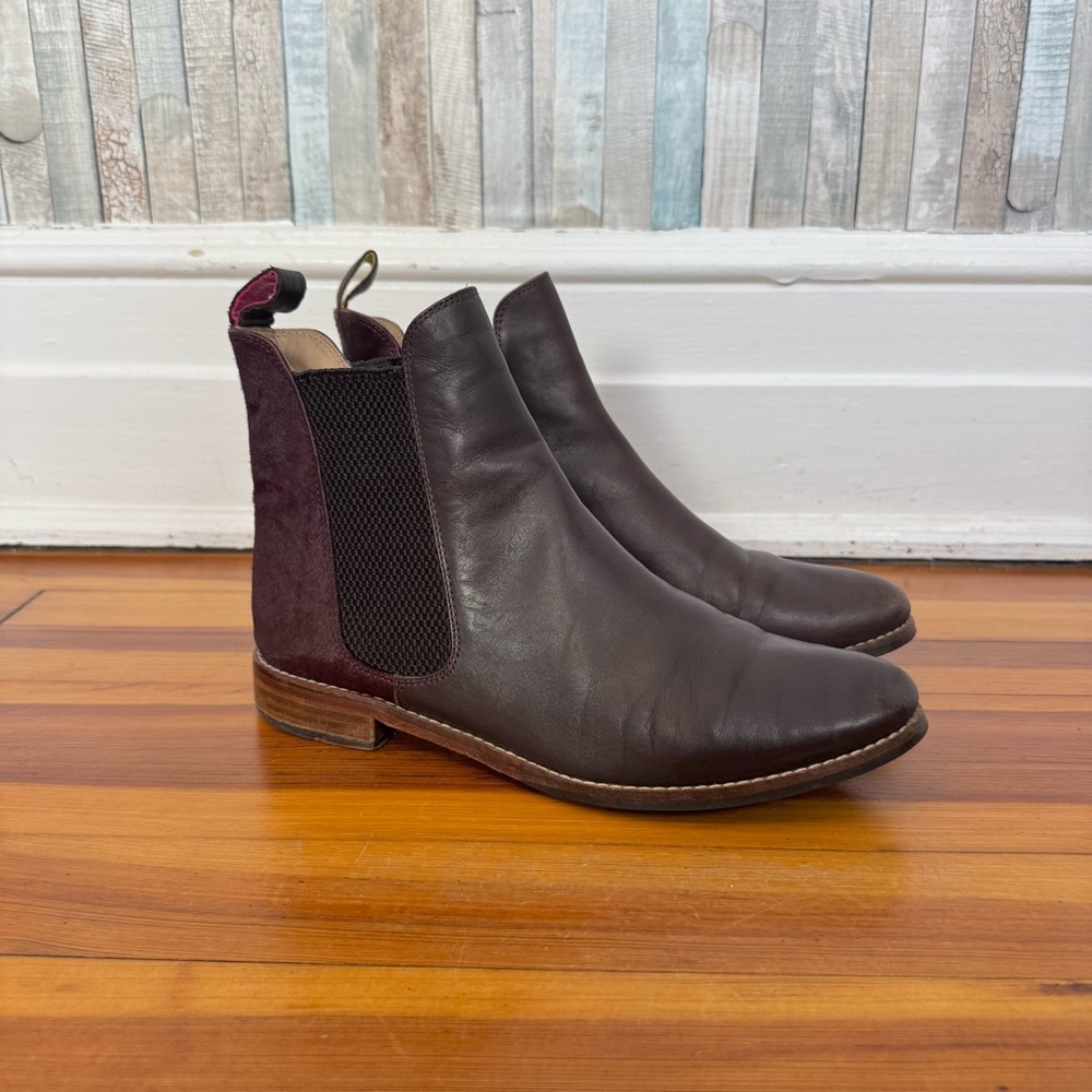 Joules 9 Leather & Calf Hair Pull On Westbourne Chelsea Ankle Boots Burgundy